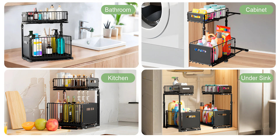 2 Tier Pull Out Cabinet Organizer Adjustable Kitchen Storage Rack Under Sink Organizer Spice Jar Storage Rack Slide Out Drawer Aimak Store