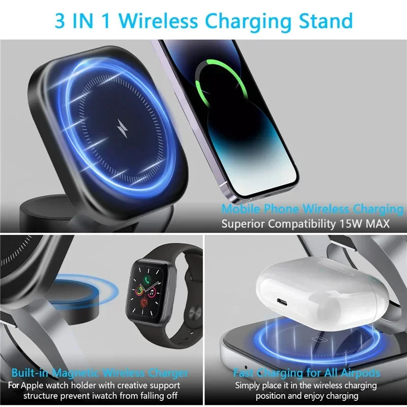 3 In 1 Foldable Magnetic Wireless Charger Stand For iPhone 16 15 14 Samsung IWatch AirPods 3/2 Station Dock Fast Charging Holder Aimak Store