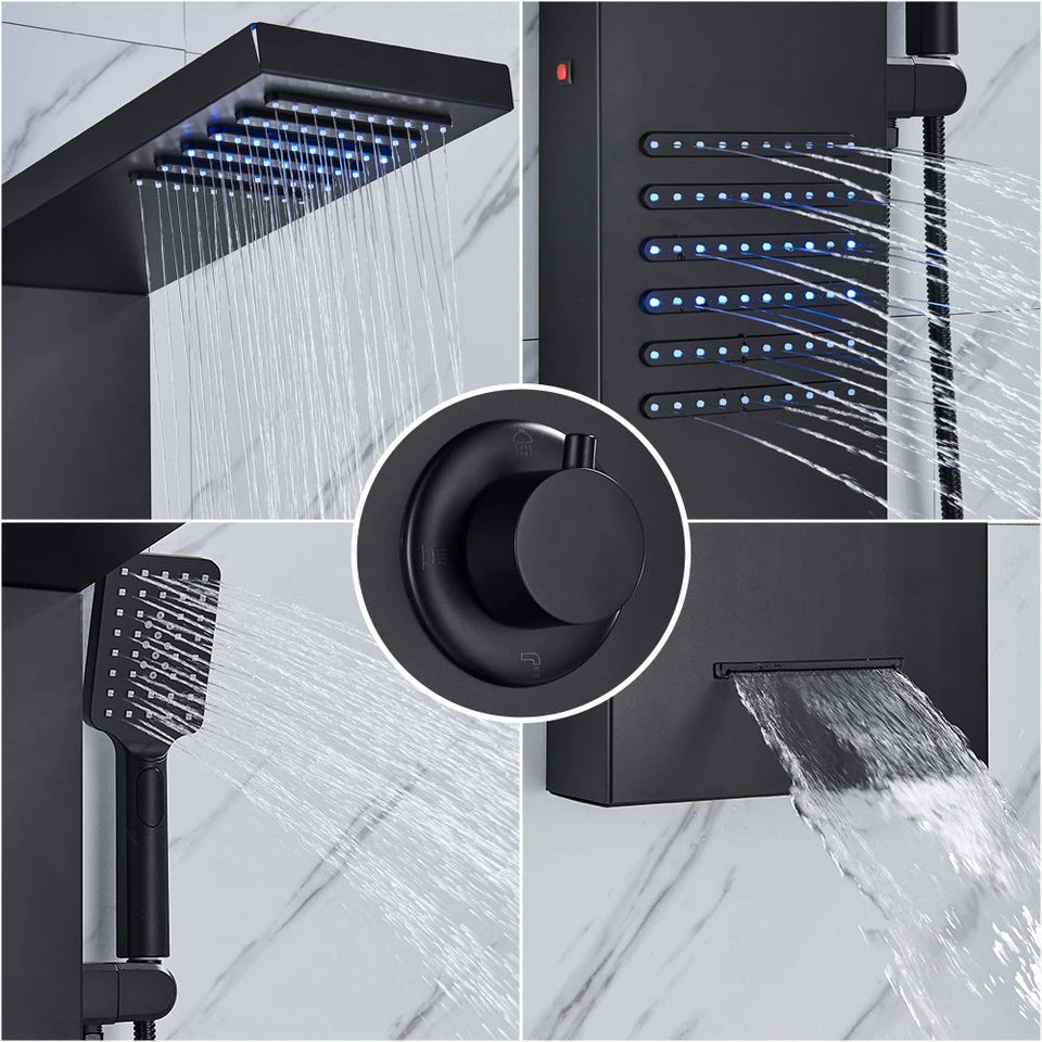 Black LED Shower Panel Tower System Rain Waterfall Shower Column Hydroelectricity Massage Body Spa Bath Shower Faucet Mixer Aimak Store