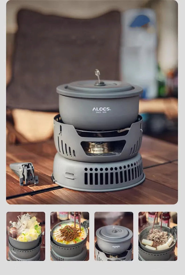 Outdoor Cooking Pot Set ALOCS CW-C05 Camping Portable Easy Storage Picnic Pot With Alcohol Stove Blast Proof Stove Cover Pot Aimak Store