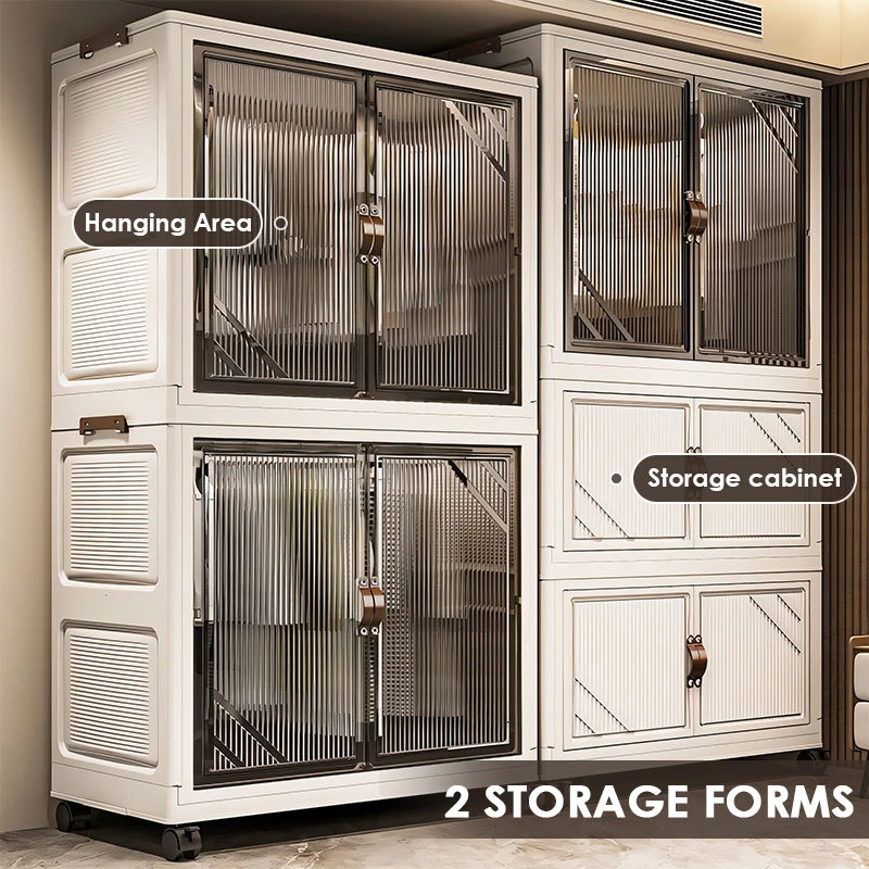 3-Tier Foldable Kids Wardrobe Storage Cabinet with Magnetic Doors & Wheels，Customizable Setup for Home Nursery Organization Aimak Store