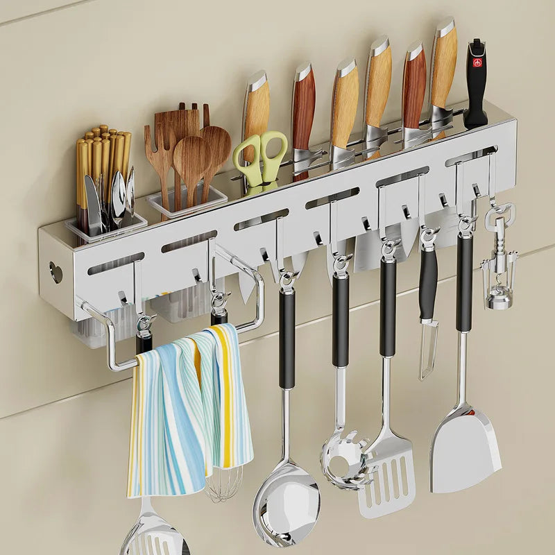 Stainless Steel Frame Wall Mounted Knife Holder Kitchen Nail Free Storage Rack Knife With Hook Kitchen Cabinet Storage Rack Aimak Store