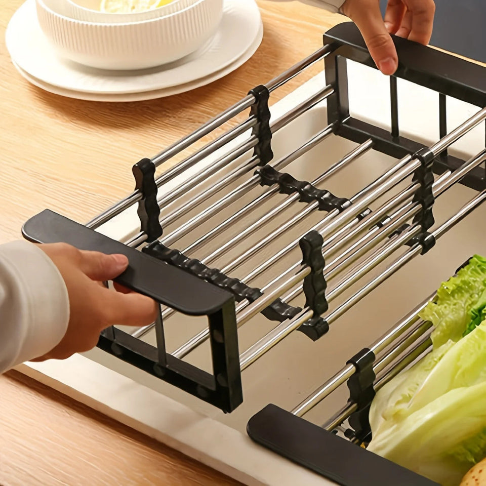 1pc Adjustable Dish Drainer Telescopic Over Sink Dish Drying Rack with  Fruit Vegetable Drain Basket Kitchen Tools and Utensils Aimak Store