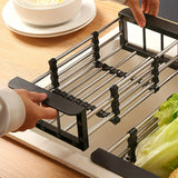 1pc Adjustable Dish Drainer Telescopic Over Sink Dish Drying Rack with  Fruit Vegetable Drain Basket Kitchen Tools and Utensils Aimak Store