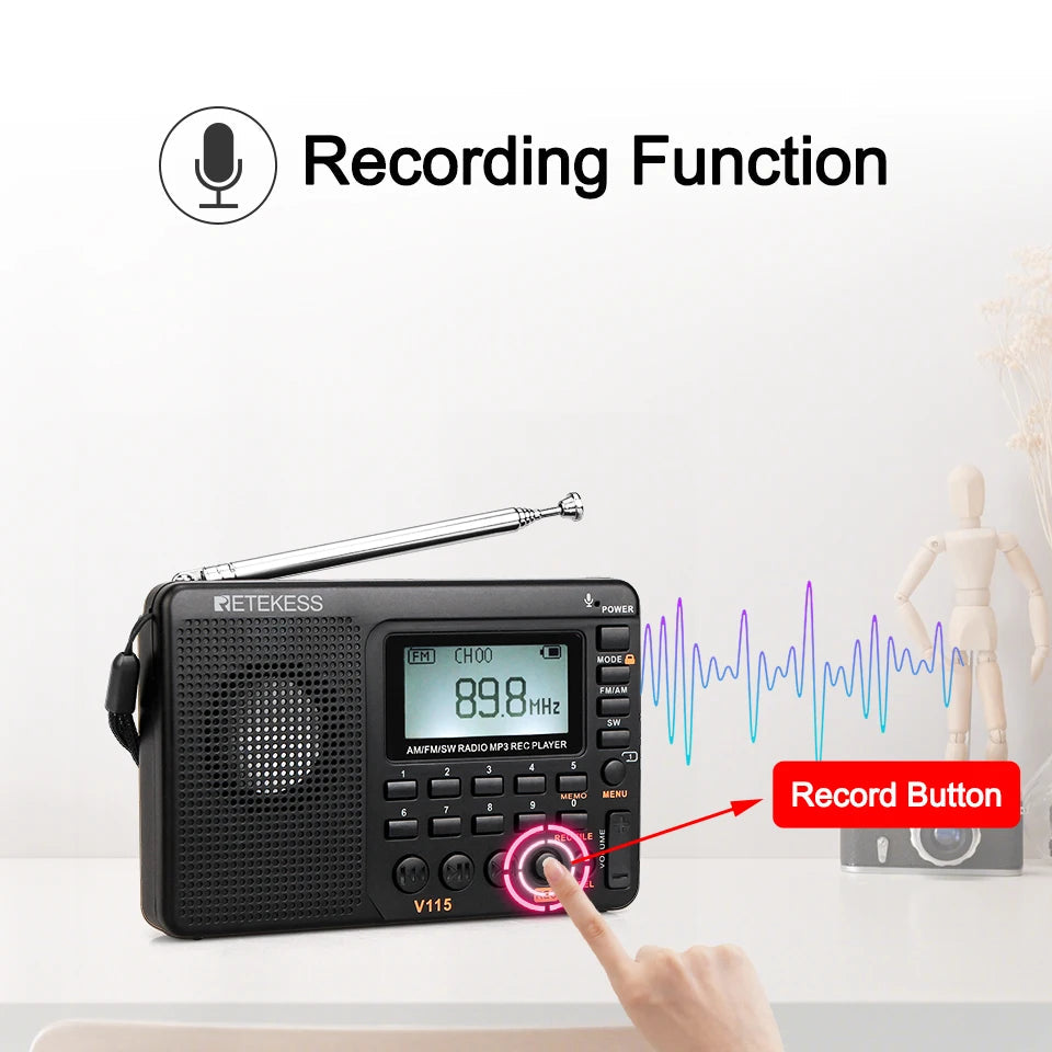 Retekess V115 Radio FM AM SW Portable Radios AM FM Rechargeable Shortwave Radio Battery Powered Full Waves USB Recorder For Gift Aimak Store