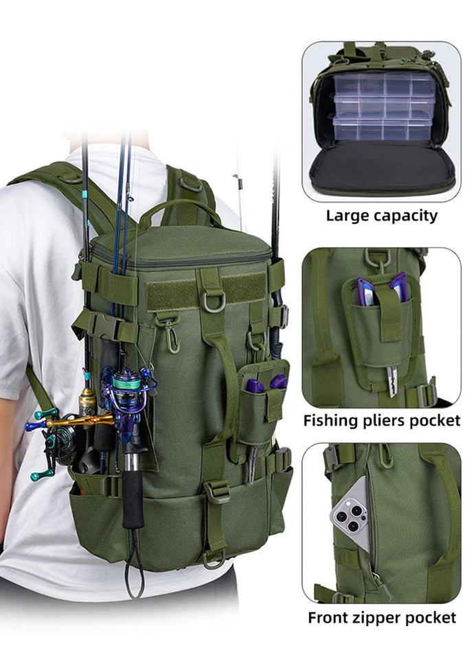 Tactical Fishing Backpack Tackle Bag with Rod Holders Fish Equipment Storage Molle Camping Hiking Outdoor Multifunctional Bag Aimak Store
