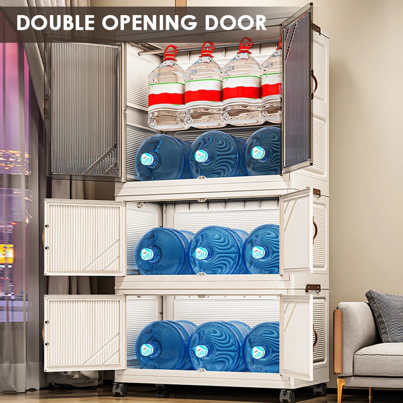 3-Tier Foldable Kids Wardrobe Storage Cabinet with Magnetic Doors & Wheels，Customizable Setup for Home Nursery Organization Aimak Store