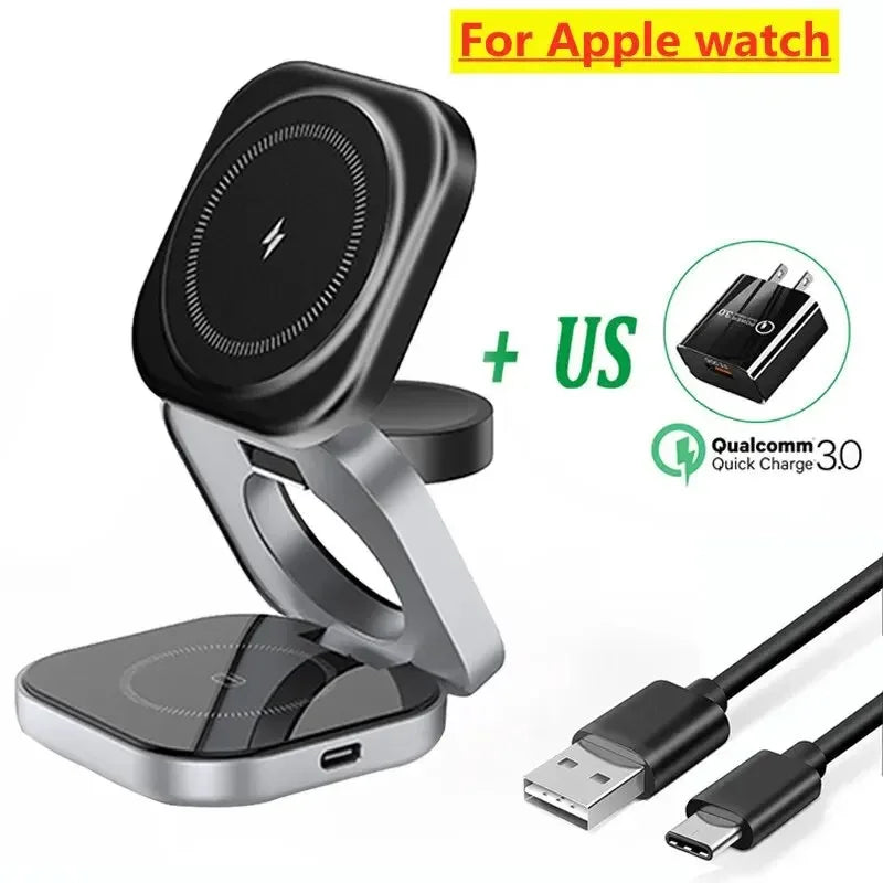 3 In 1 Foldable Magnetic Wireless Charger Stand For iPhone 16 15 14 Samsung IWatch AirPods 3/2 Station Dock Fast Charging Holder Aimak Store