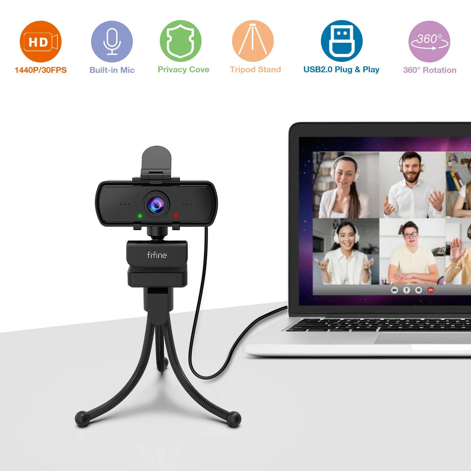 FIFINE 1440p Full HD PC Webcam with Microphone, tripod, for USB Desktop & Laptop,Live Streaming Webcam for Video Calling-K420 Aimak Store