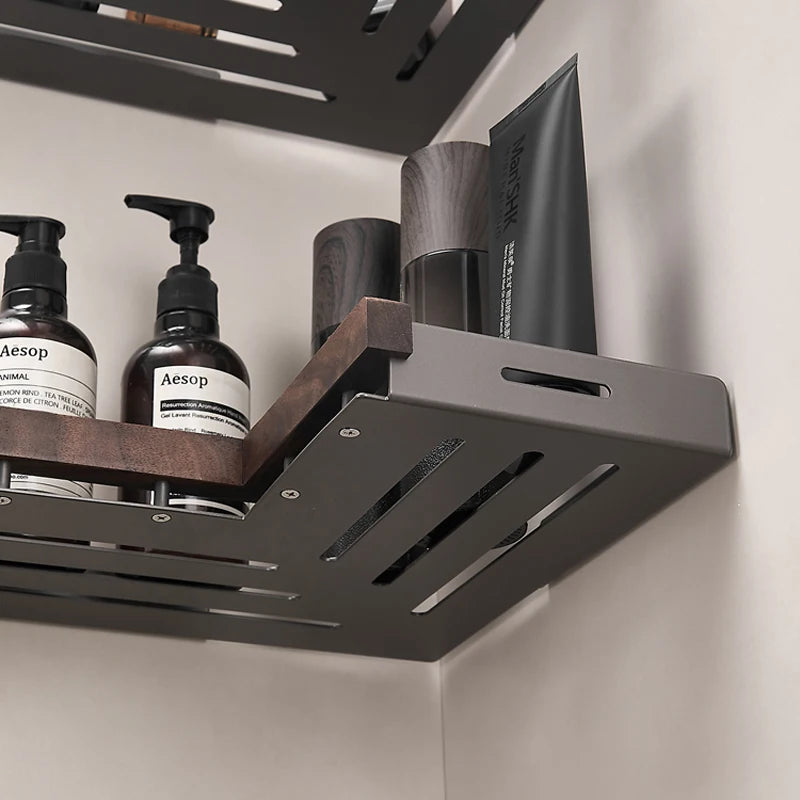 Bathroom Shelf Corner Space Aluminum Wood Bathroom Triangle Basket Shower Room Storage Rack Wall Mounted Aimak Store