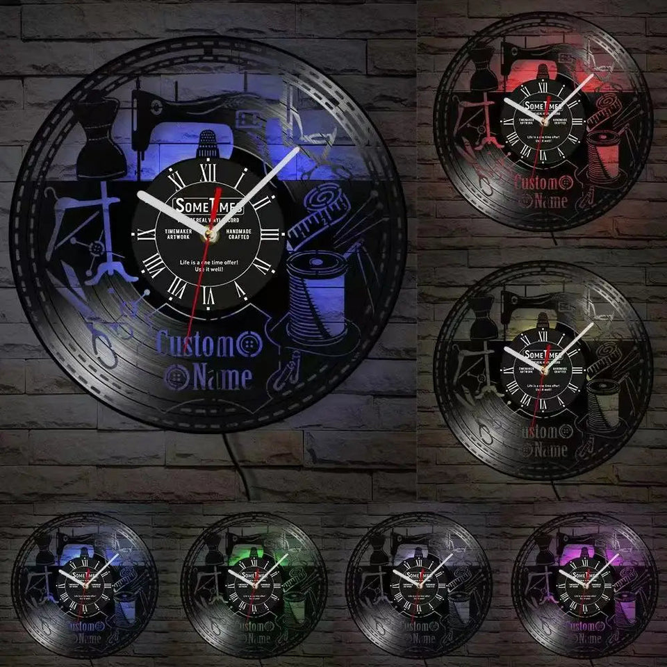 Sewing Machine Customization Vinyl Record Wall Clock Quilting Room Decoration Logo Personalized Tailor Name Clock Tailor Gift Aimak Store