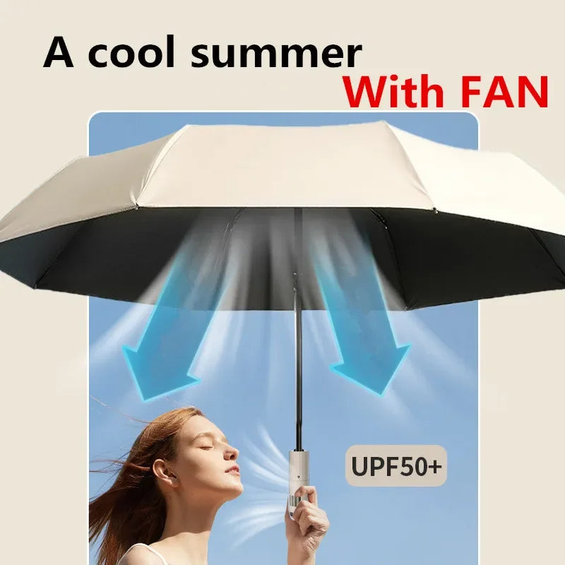 Folding Umbrella with Fan USB Charge Cool Ultra-light Parasol Black Coating Sun-resistant Umbrellas with Gift Box Aimak Store