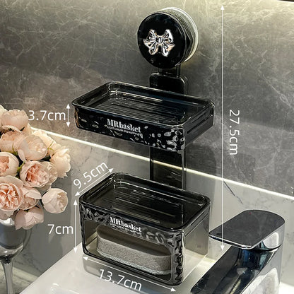 1 suction cup soap box, non perforated wall mounted bathroom shelf, double-layer drainage soap box