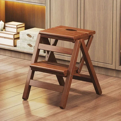 Multi-functional Bamboo Wood Folding Ladder Chair Kitchen Hat Rack 2 Step Ladder Province Space Stair Chair Plant Rack Furniture