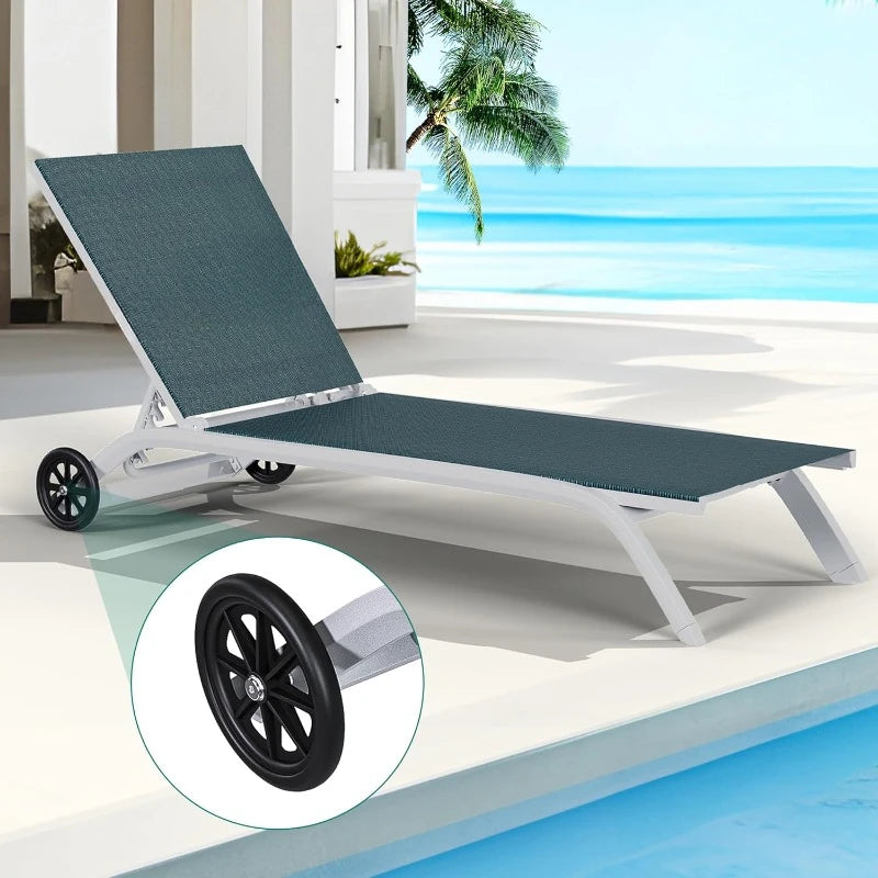 Aluminum Chaise Lounge Outdoor, Widened Patio Lounge Chair with Wheels, 5-Position Adjustable Sunbathing Recliner for Poolside Aimak Store