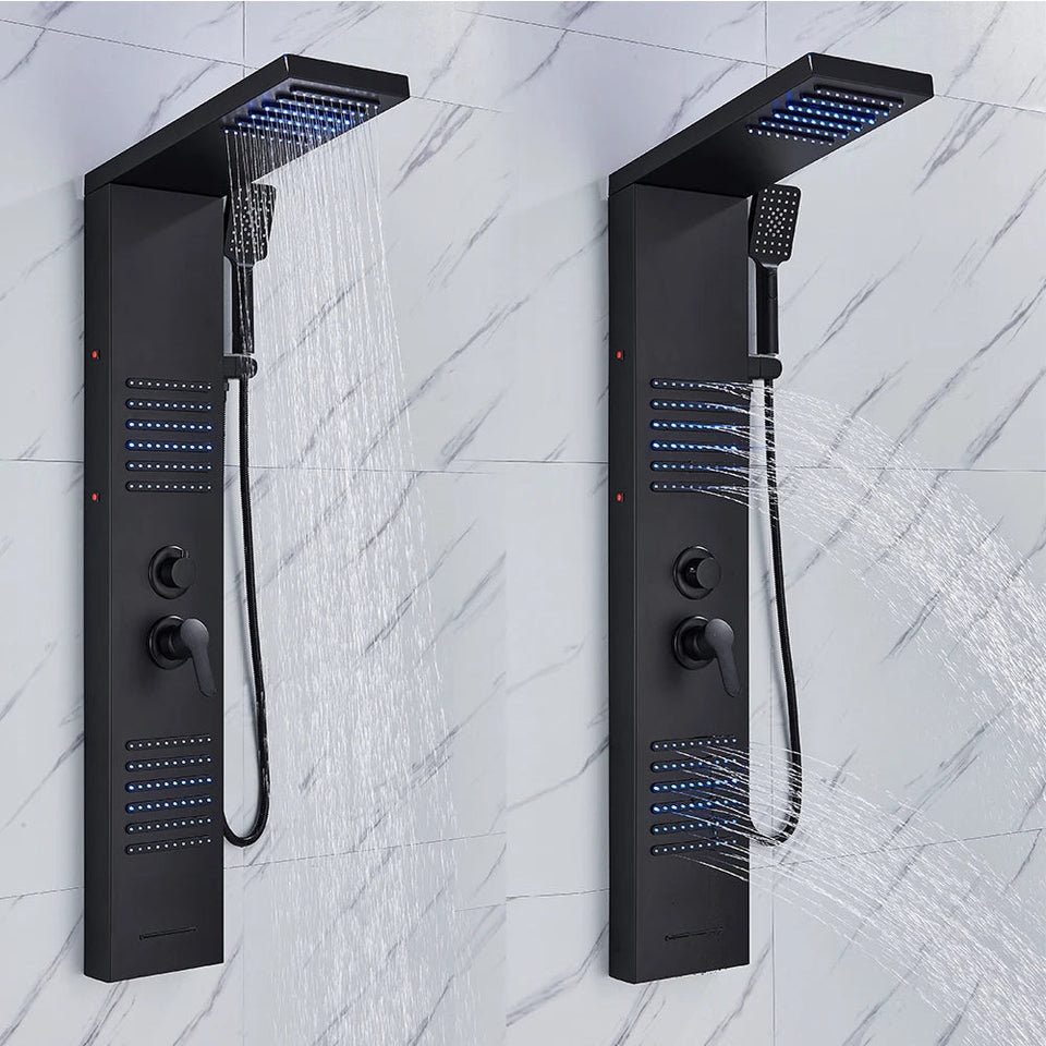 Black LED Shower Panel Tower System Rain Waterfall Shower Column Hydroelectricity Massage Body Spa Bath Shower Faucet Mixer Aimak Store