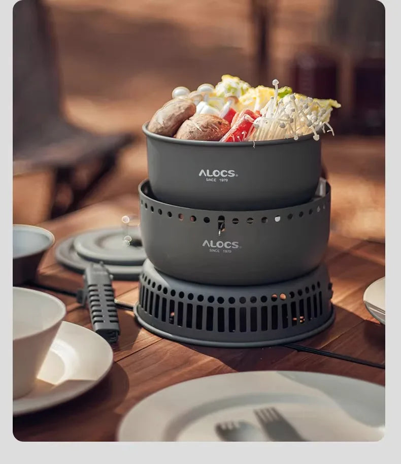 Outdoor Cooking Pot Set ALOCS CW-C05 Camping Portable Easy Storage Picnic Pot With Alcohol Stove Blast Proof Stove Cover Pot Aimak Store
