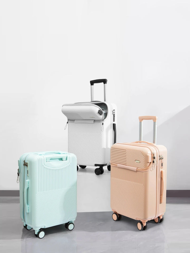 Fashionable semi open rechargeable striped simple large capacity luggage compartment with side hooks and universal wheels Aimak Store