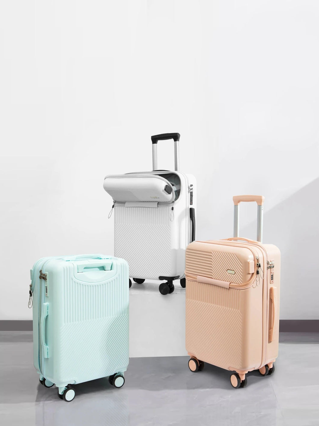 Fashionable semi open rechargeable striped simple large capacity luggage compartment with side hooks and universal wheels Aimak Store