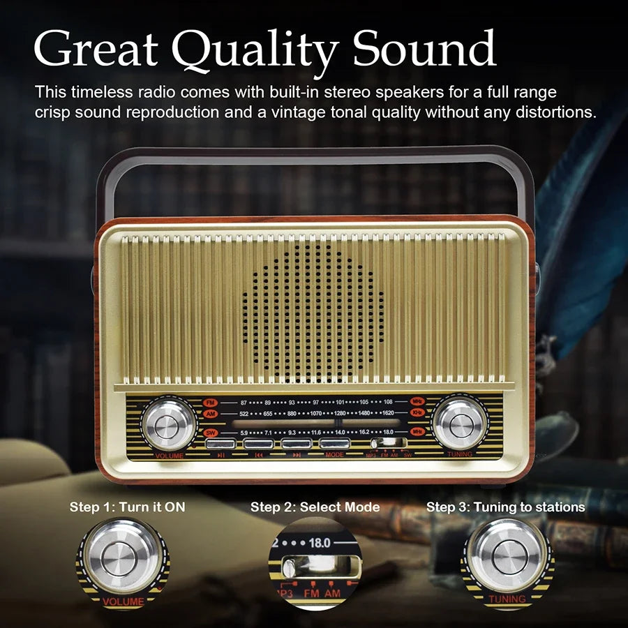 Portable Wooden Retro Bluetooth Speaker Radio FM / AM / SW  Card TF USB MP3 Music Player Aimak Store
