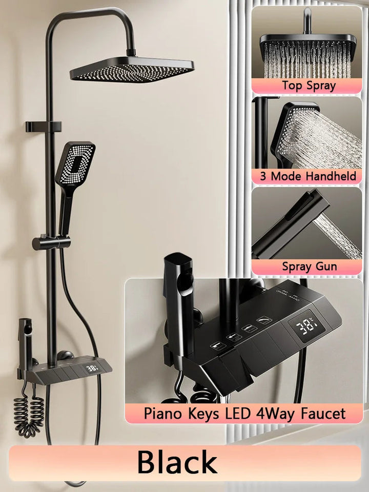 Piano Keys Shower System Set Bathroom Shower Set Gray Black Bathtub Hot and Cold Shower Faucet LED Digital Copper Tap Shower Set Aimak Store