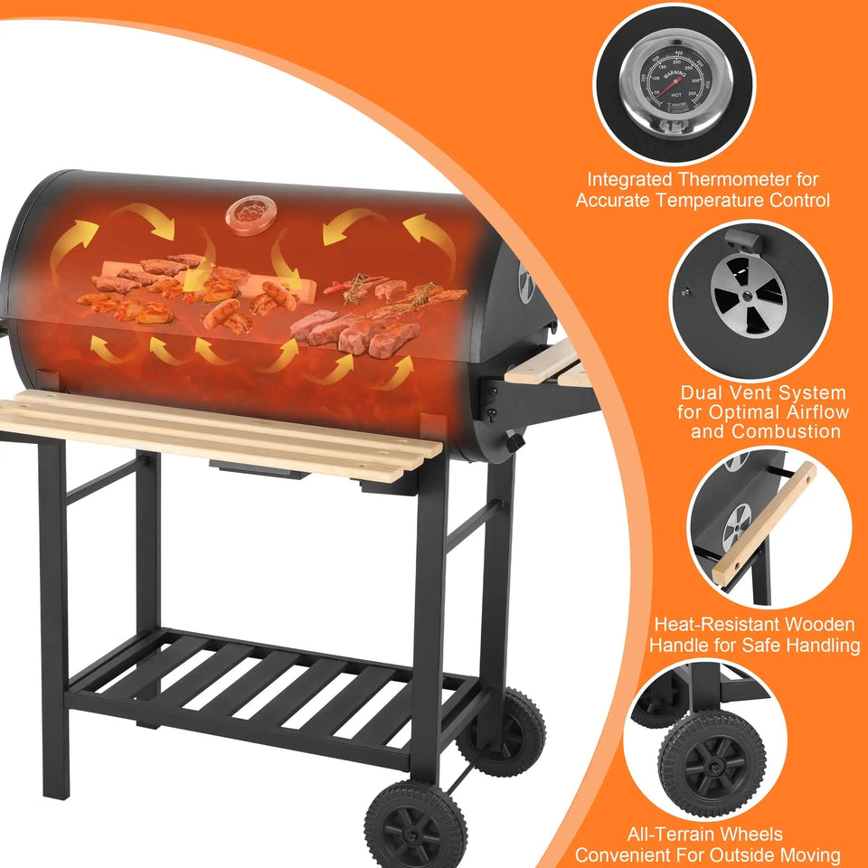 30-Inch Barrel Charcoal Grill with Warming Rack & Front Storage Basket, Outdoor BBQ Grill with 956 sq. in. Grilling Area Aimak Store