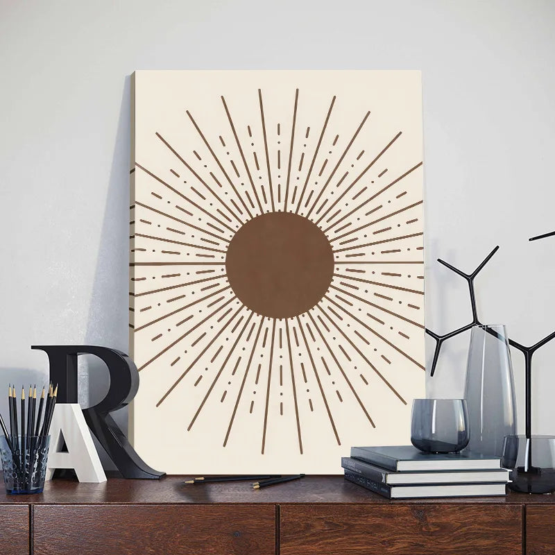 Framed Abstract Beige Bohemian Sun Leaf Poster Nordic Geometric Lines Canvas Painting Living Room Wall Art Home Decoration Mural Aimak Store