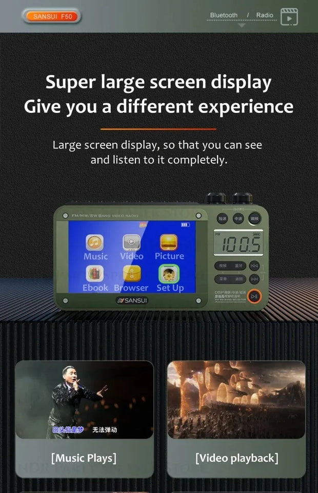 F50 Portable 4.3 inch LCD Screen Radio Multi-band HF AM Built-in Rechargeable Battery FM Bluetooth Radios Speakers Aimak Store