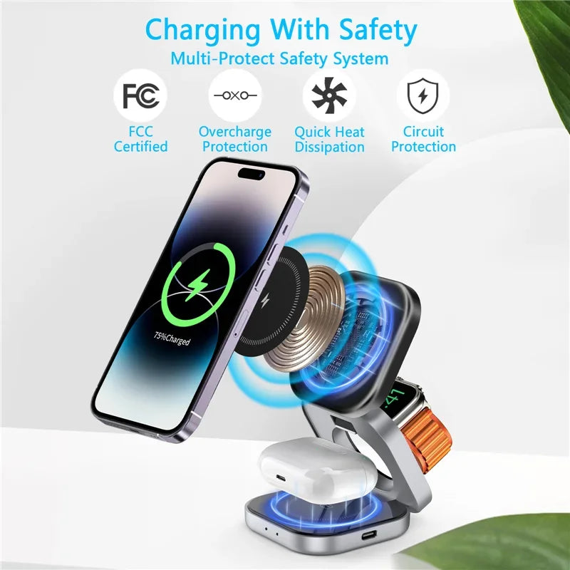 3 In 1 Foldable Magnetic Wireless Charger Stand For iPhone 16 15 14 Samsung IWatch AirPods 3/2 Station Dock Fast Charging Holder Aimak Store