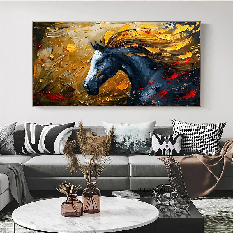 Abstract Black Gold Horse Print Canvas Painting, Modern Textured Running Horse Poster Wall Art, For Living Room Decor, No Frame Aimak Store