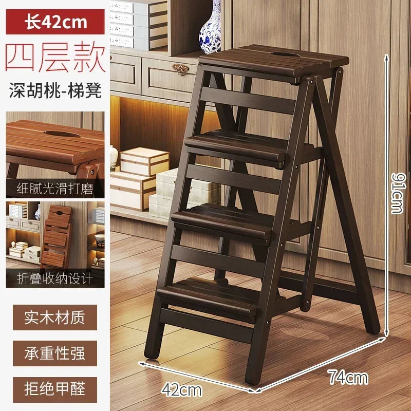 Multi-functional Bamboo Wood Folding Ladder Chair Kitchen Hat Rack 2 Step Ladder Province Space Stair Chair Plant Rack Furniture