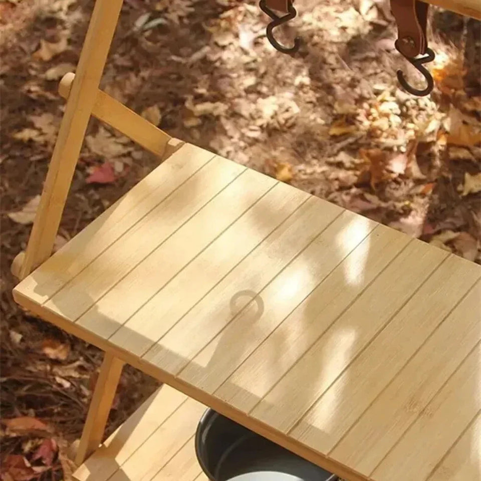 Camping Tables Outdoors Folding Table Portable Camping Wood Shelf Outdoor Portable Storage Rack Multi-Layer Foldable Bamboo Rack Aimak Store