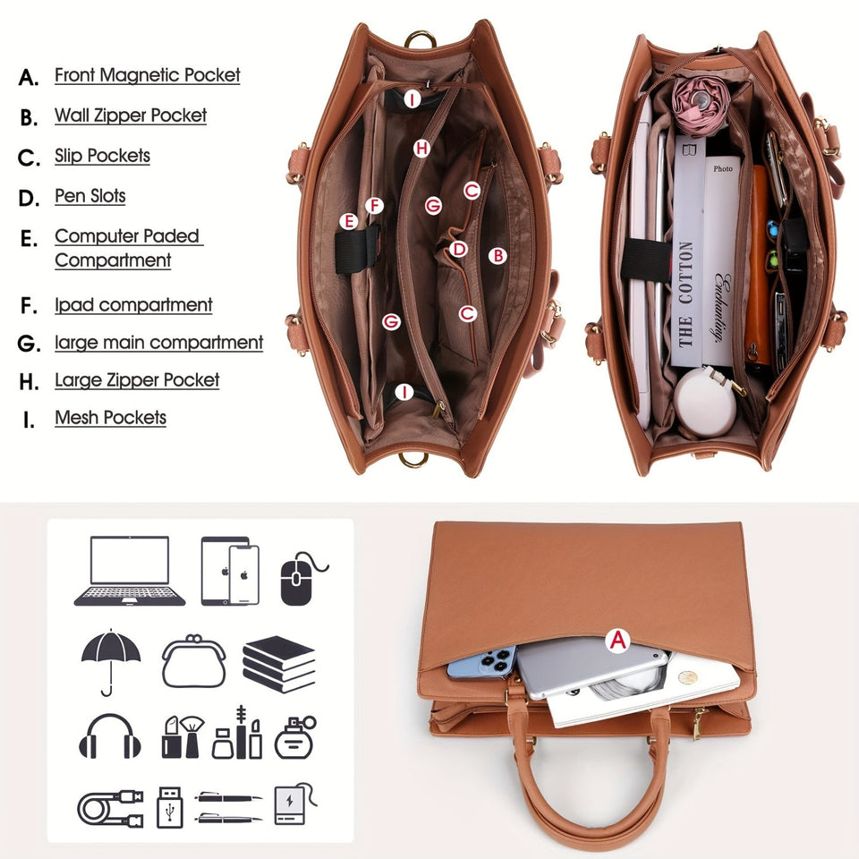 Laptop Bag for Women 15.6 Inch Leather Tote Bag Business Office Work Bag Waterproof Briefcase Computer Tote Large Lightweight Ha Aimak Store